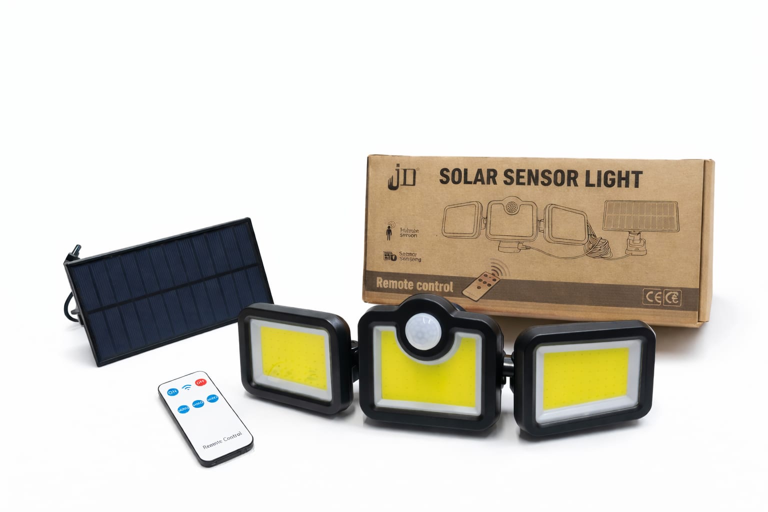 Solar-LED-Sensorleuchte mit 3 Leuchtköpfen und Fernbedienung